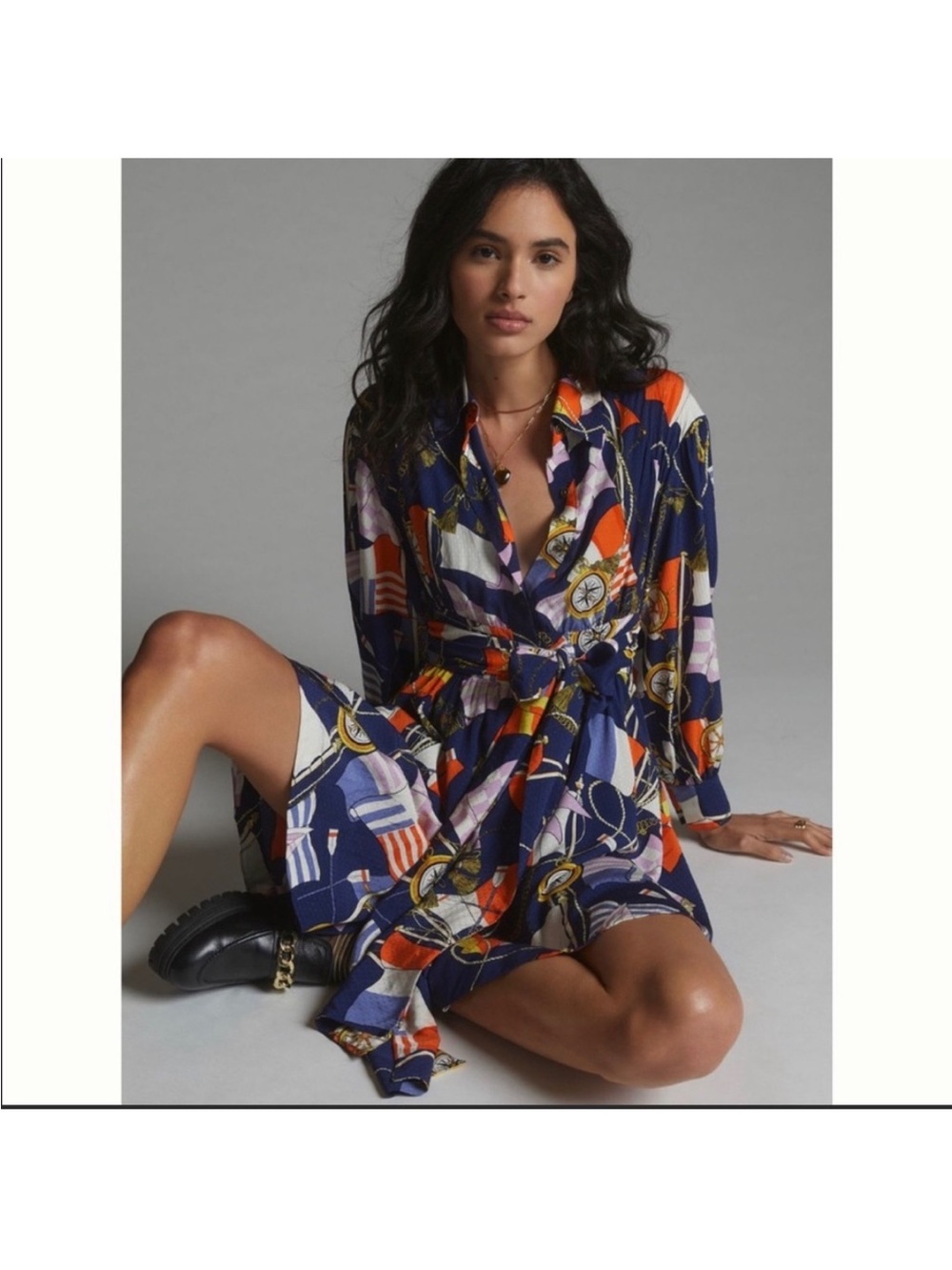 Anthropologie Navy Multicolor Printed Wrap Mini Dress